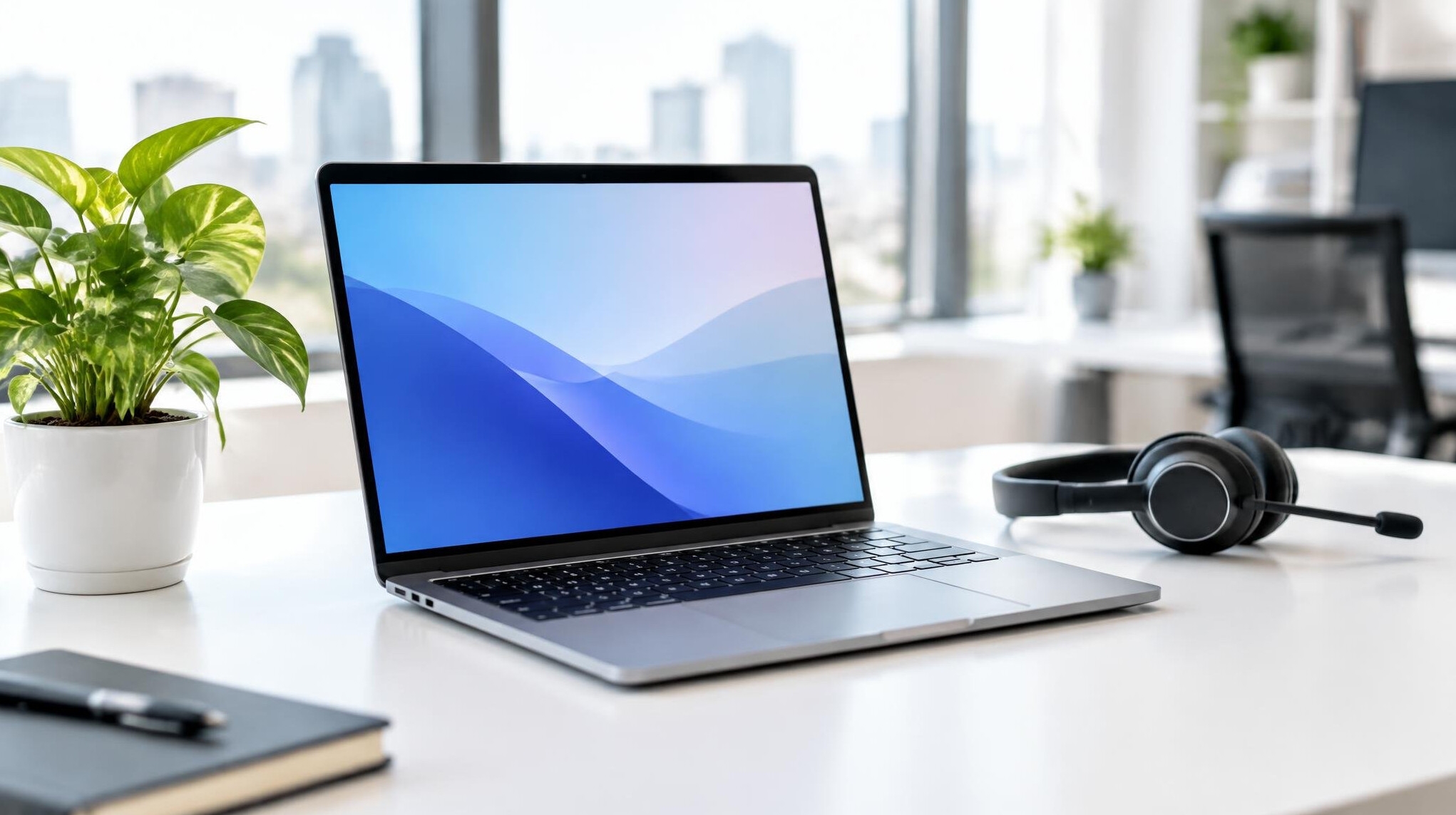 Laptop on a desk in a bright workspace