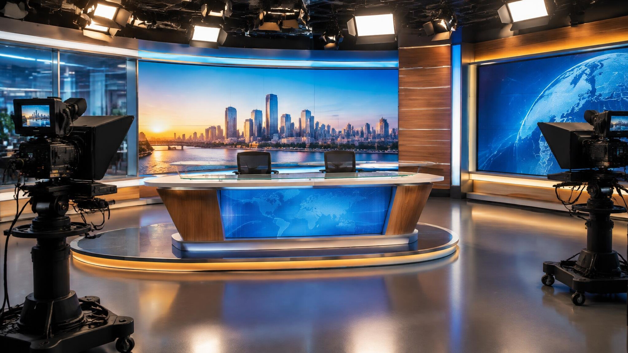 Television studio control room with monitors and mixing desk