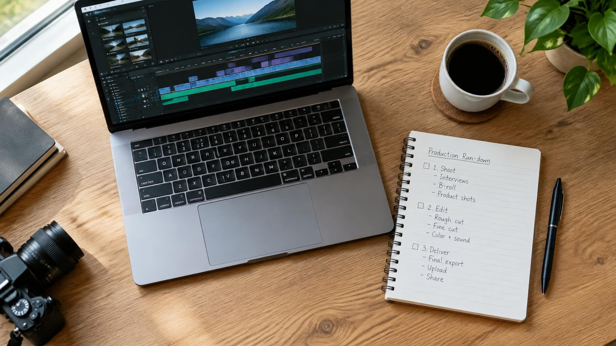 Laptop and notebook on a desk with planning notes